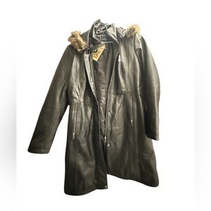 NWT Genuine Elegant Black Lamb Leather Jacket w/ Removable Faux Fur Trim Hoody